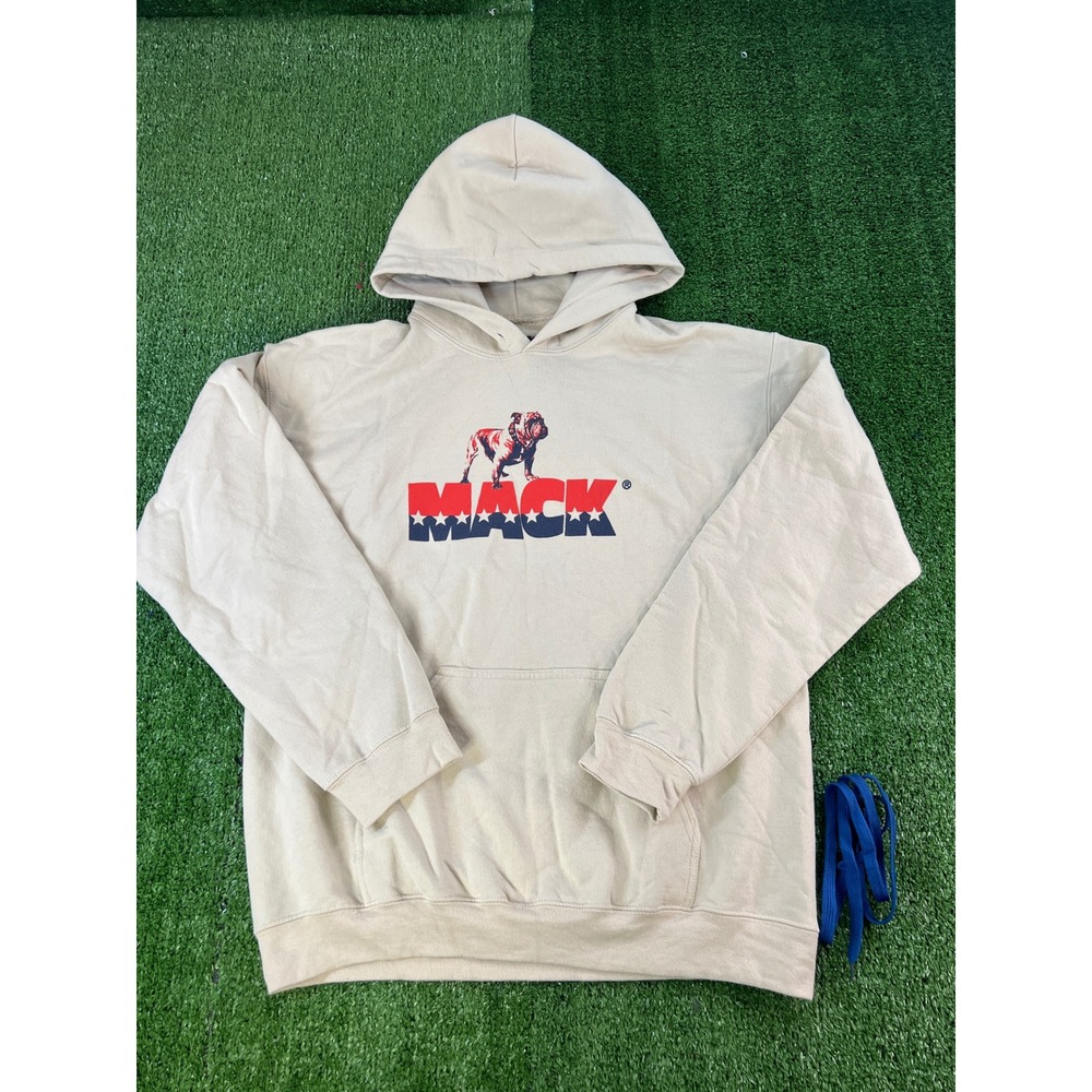 Mack Trucks Bulldog Logo Hoodie Tan Mens Medium Stars‎ Stripes Graphic Pullover
